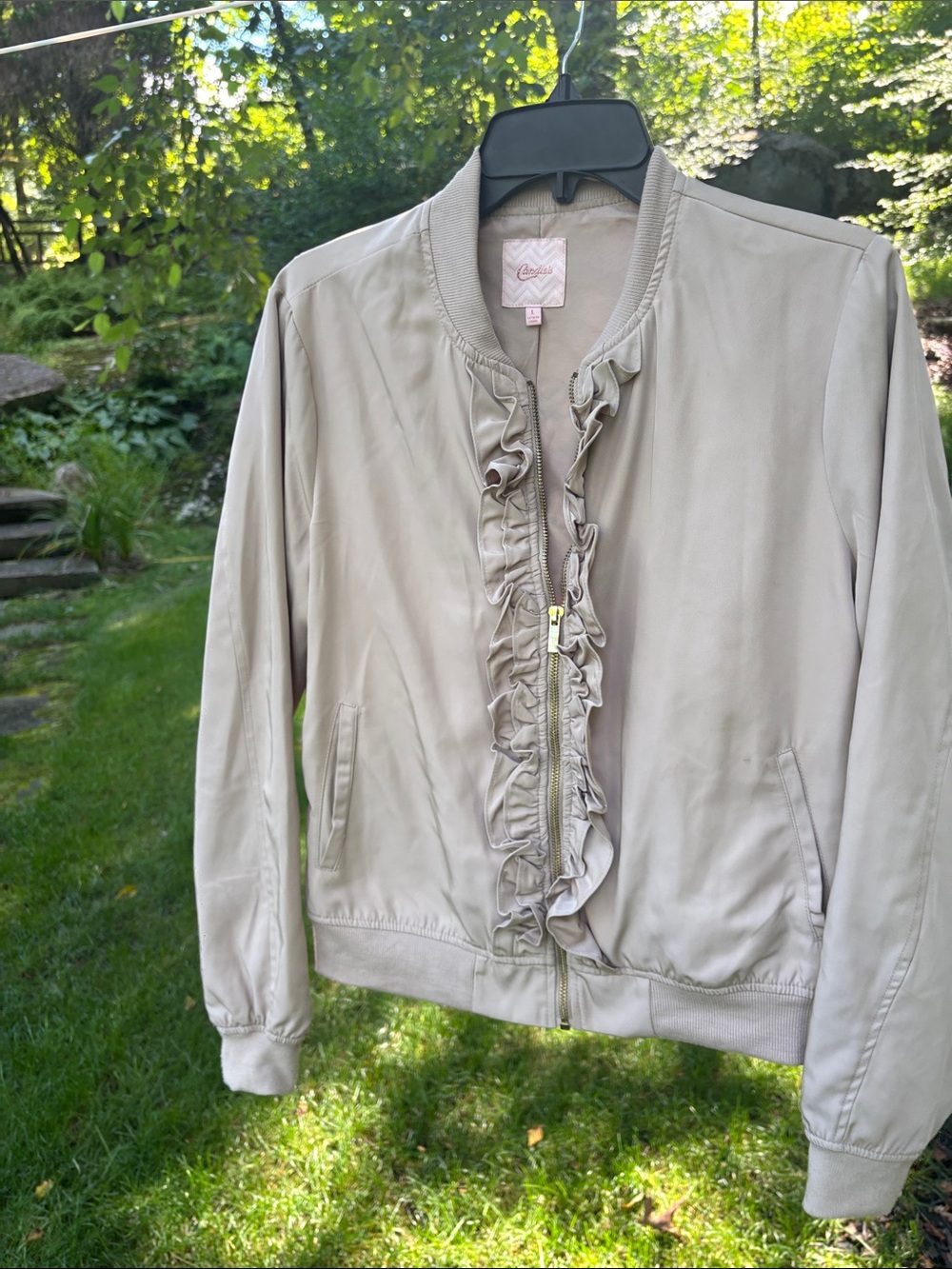 Candies Ruffle-Front Bomber Jacket — Light Taupe